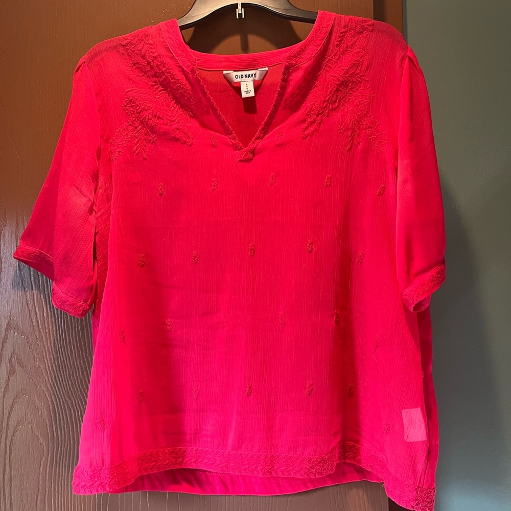 Old Navy Pink Sheer Embroidered Top. Size Large